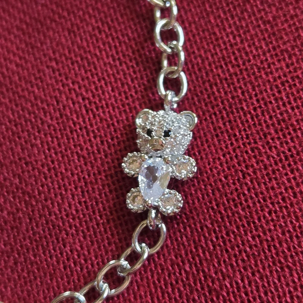Pretty Bird Silver Adjustable Bracelet with Teddy Bear And Crystal Accents